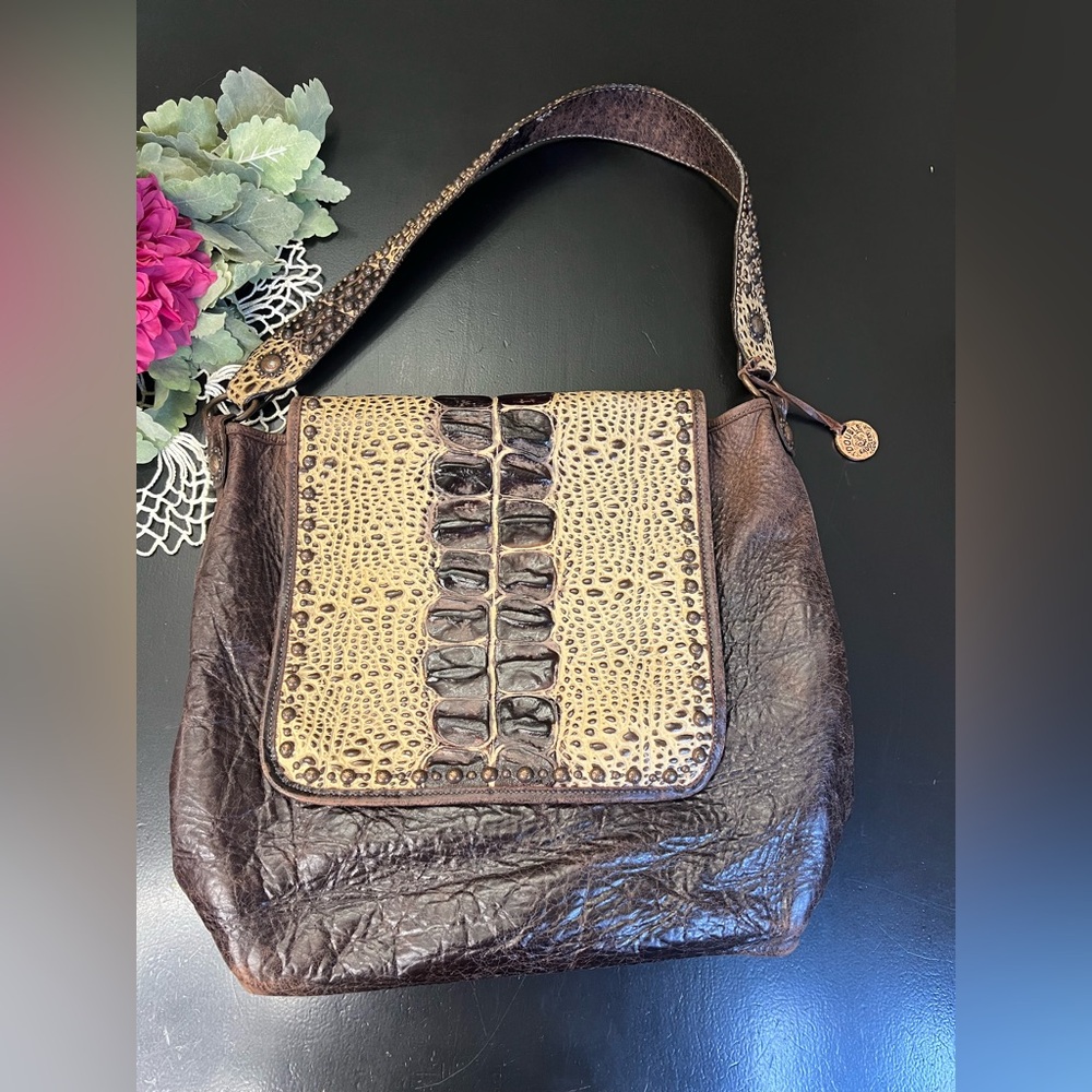 Double J Saddlery Crocodile Print Leather Messenger Tote Western Studded Handbag